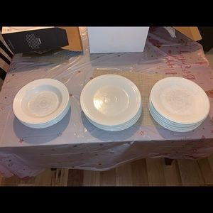 White Fiestaware. 5 plates, 5 bowls, 7 salad plates. No chips. Some scuffing.